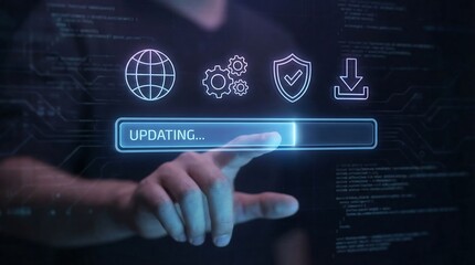 Businessman engaging with a futuristic interface for a software update, conveying innovation and progress in a digital age.
