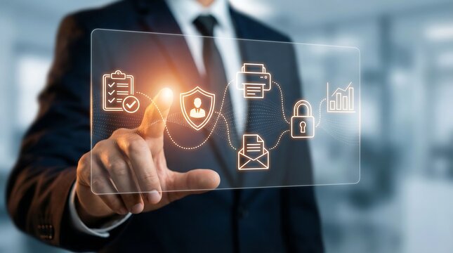A businessman interacts with a futuristic digital interface displaying various security icons, conveying a sense of modern technology and data protection in a professional office setting. - Powered by Adobe