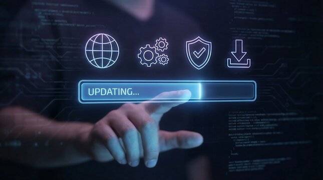 Businessman engaging with a futuristic interface for a software update, conveying innovation and progress in a digital age. - Powered by Adobe
