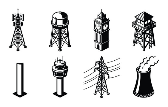 Black and white isometric vector illustration of cell tower, water tower, Big Ben, watchtower, airport tower