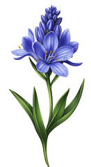 Realistic Blue Scilla Flower with Green Leaves and Soft Purple Background