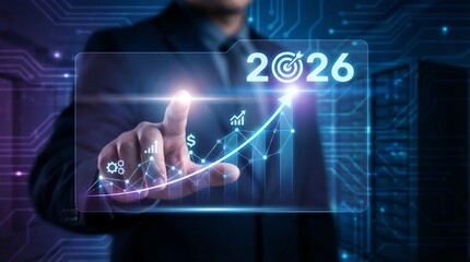 Businessman interacting with futuristic digital interface showing growth chart and 2026 predictions, representing business success and technological innovation