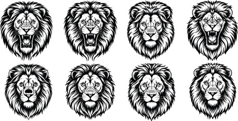 Set of eight stylized black and white lion head vector illustrations featuring various roaring and calm expressions for mascot logo design © Saila
