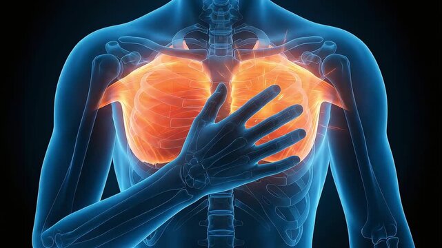 Medical 3D animation visualizing chest pain and inflammation of the pectoral muscles
