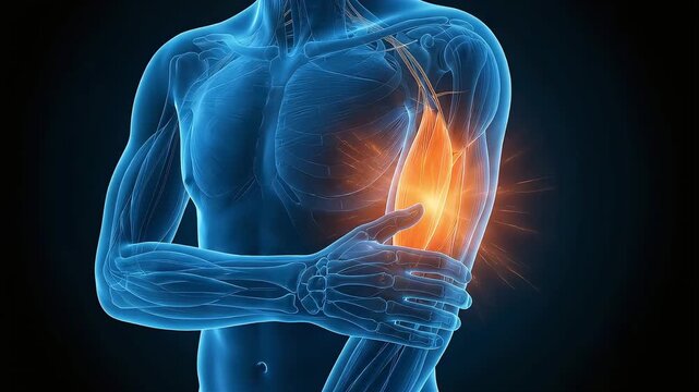 3D anatomical animation of the biceps brachii, visualizing muscle damage and pain