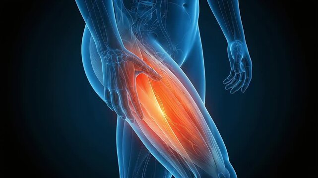 Medical 3D animation visualizing thigh muscle pain and strain