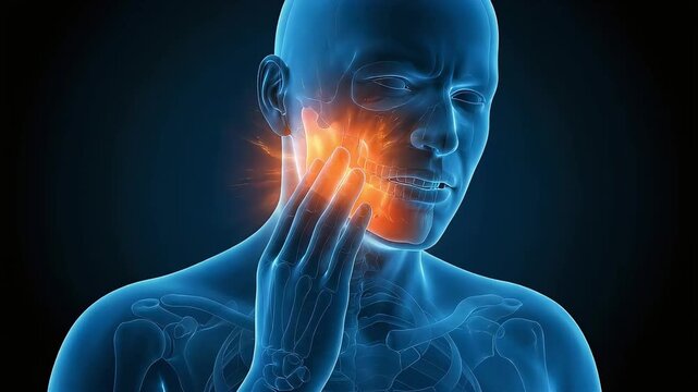 Medical 3D illustration animation visualizing jaw pain and inflammation of the temporomandibular joint (TMJ)