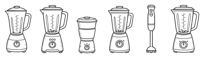 Blender collection vector illustration. Kitchen appliance sketch drawing, electric smoothie makers, food processor outlines.