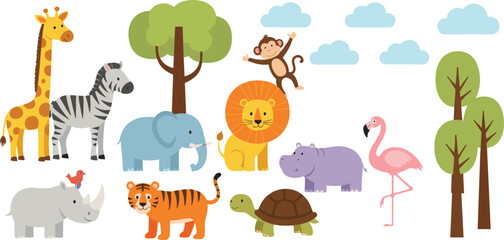 Cute jungle animal character set with lion, elephant, giraffe, zebra, monkey and tropical trees flat cartoon vector illustration © Sumon Creative