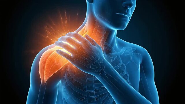Medical 3D illustration visualizing shoulder pain and inflammation