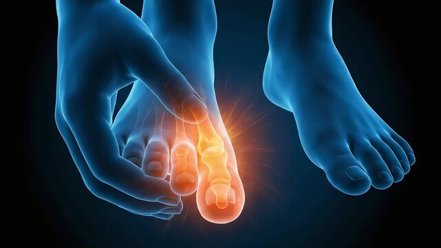 Medical 3D illustration of severe pain and inflammation in the big toe caused by gout or hallux valgus