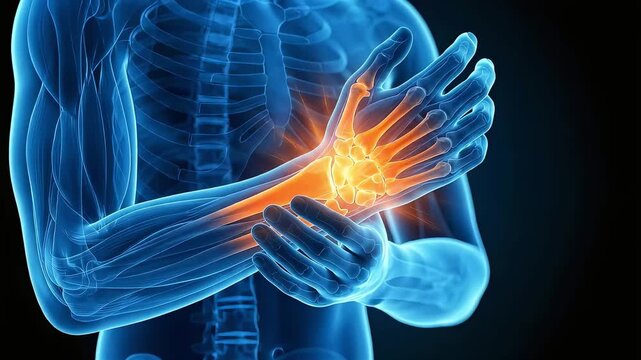 3D human anatomy medical animation showing wrist and hand joint pain