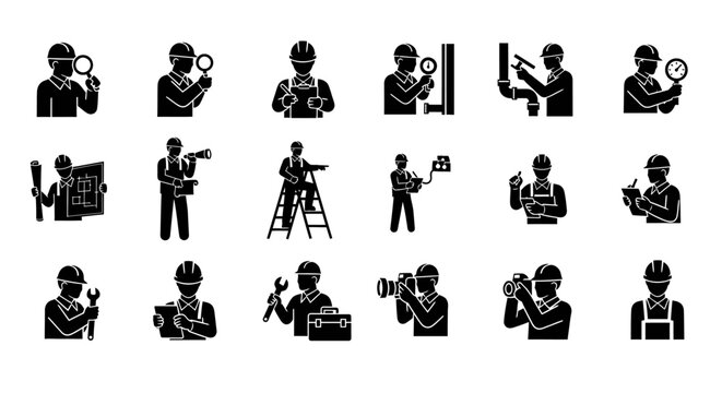 Engineering, Inspection, and Maintenance Services Glyph Icons. Collection of Technicians, Architects, Plumbers, and Electricians Silhouettes.