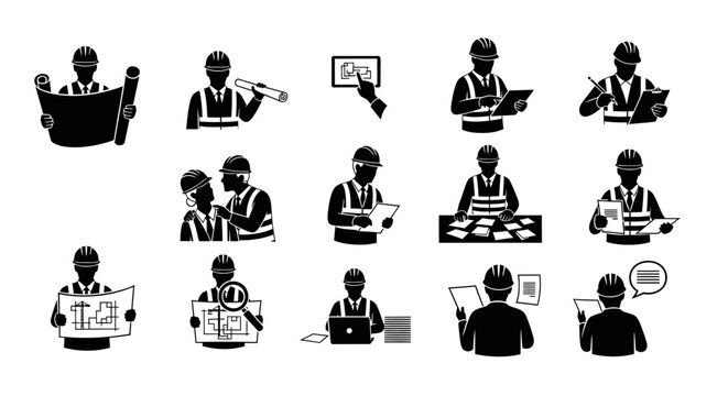 Construction Engineer and Architect Icon Set. Silhouette Vector Collection of Workers in Hard Hats Reviewing Blueprints, Documents, and Plans for Building Projects.