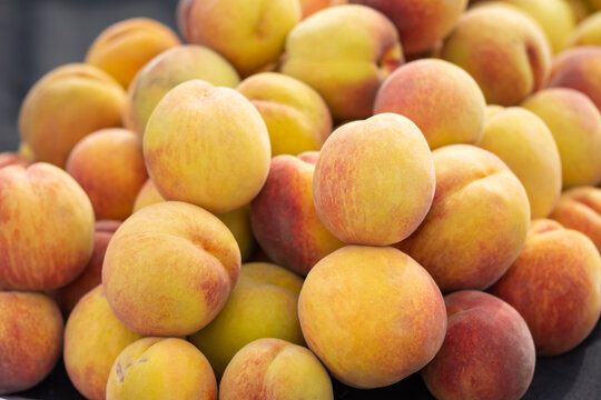 a pile of fresh peaches. 
Peaches are a rich source of vitamins A, C, and E, as well as potassium and magnesium. 
They contain phytochemicals called phenols which act as antioxidants. 