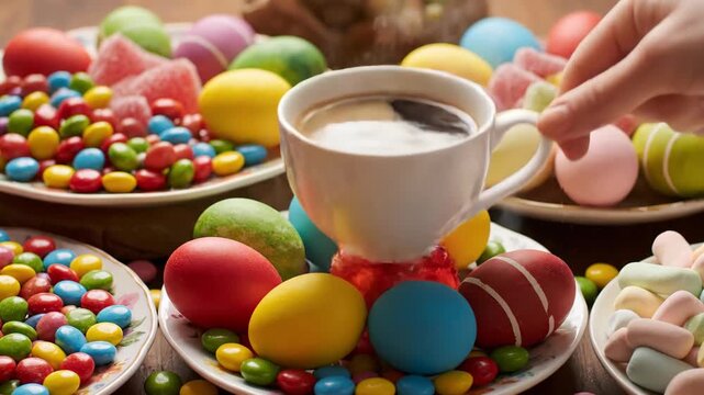 Colorful Easter Eggs and Candy Display with Coffee.