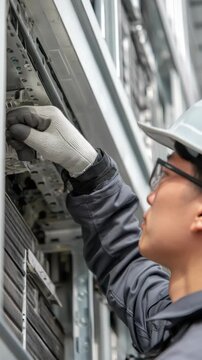 Vertical Shot. Technician inspecting electrical control panel during maintenance