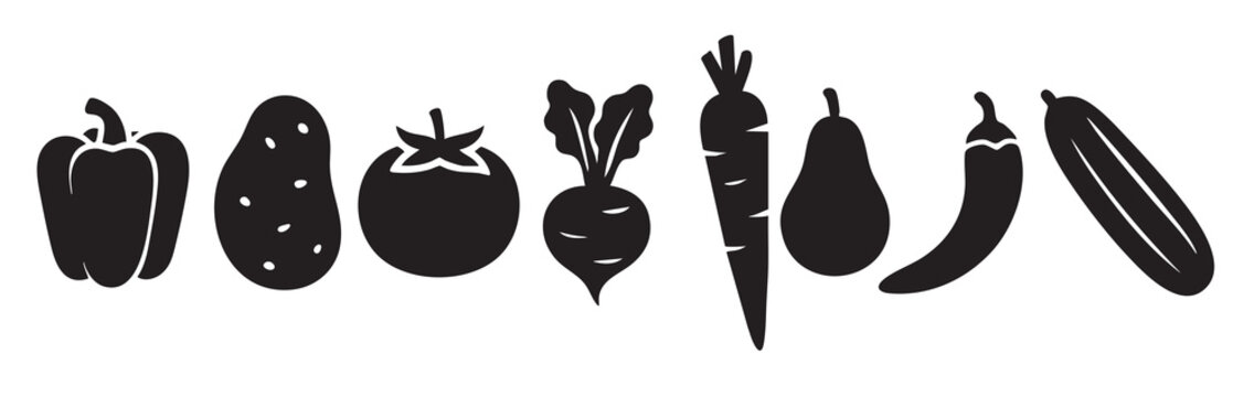 Assortment of black silhouettes of fresh vegetables and a pear on white fruit bell pepper