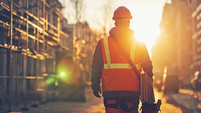 Construction worker walking at sunset with sun flare.