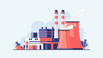 Fototapeta premium Industrial power plant with cooling towers, smokestacks, and people
