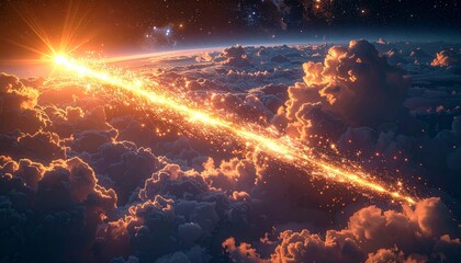 Fototapeta premium A comet streaking through the Earth's atmosphere above the clouds with the sun shining brightly.