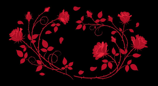 Elegant red rose frame forms a romantic floral wreath on a black background