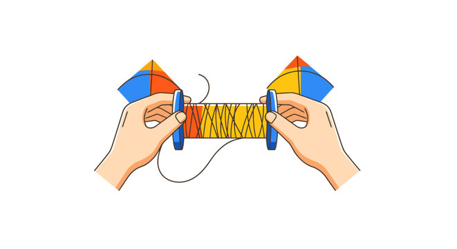 Hands Holding Kite Reels Preparing String For Outdoor Flying Adventure Preparation Connecting Colorful Kite Designs To Spool Winding Material