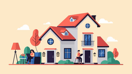 Fototapeta premium Modern illustration of a house with two people working remotely