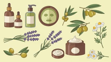 Natural beauty products serums, lotion, face mask, lavender, olives, chamomile