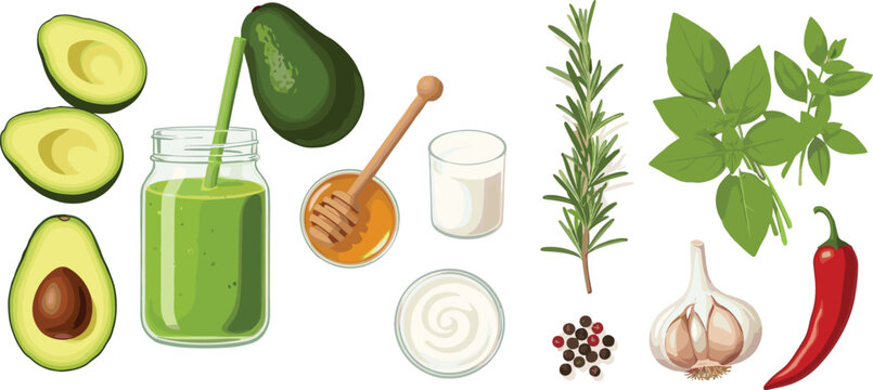 Hand drawn healthy food ingredients vector set with avocado smoothie honey herbs garlic chili and dairy elements