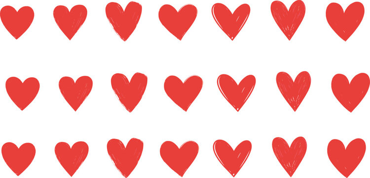 Hand drawn red heart icons set in different styles, love symbols collection vector illustration for Valentine designs