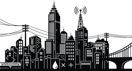 Black city skyline silhouette with power lines radio tower bridge and urban infrastructure icons modern vector illustration design graphic concept