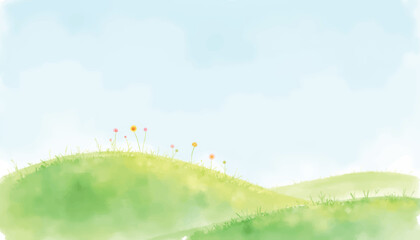 A serene watercolor painting of rolling green hills dotted with small wildflowers under a soft blue sky with wispy clouds.