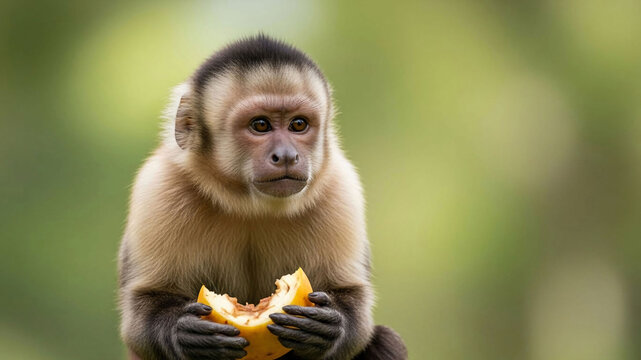 Adorable monkey enjoying fresh fruit in natural habitat