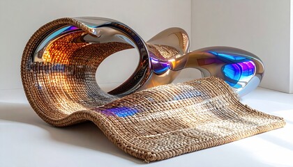 Modern sculpture with woven natural base and shiny, reflective metallic elements