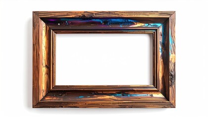 Rectangular empty wooden picture frame, with varied colors and textures, on white background