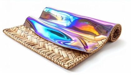 Rolled, iridescent material atop a woven mat, reflecting light against a white background
