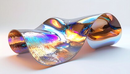 Abstract, iridescent ribbon-like sculpture with vibrant, shifting colors, on a white backdrop