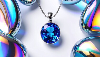 A jewel pendant with a sapphire crystal surrounded by shiny, iridescent metallic orbs