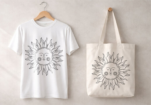Wall Hanging T-shirt and Tote Bag Mockup