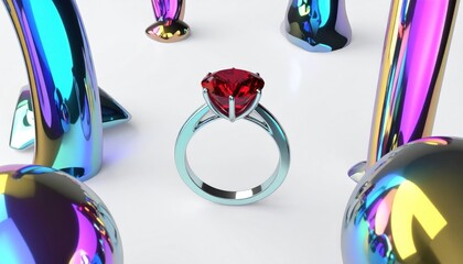 A ruby ring centered amidst iridescent, amorphous shapes on a bright white surface