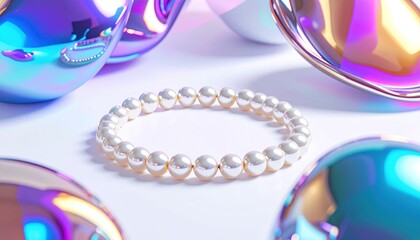 A pearlescent bracelet rests amidst reflective, iridescent orbs. White surface. Soft lighting