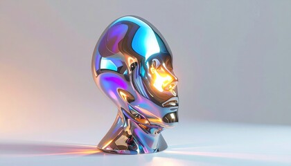 Polished, chrome-like sculpted head reflects colorful light, profile view