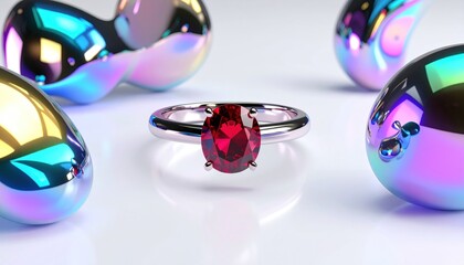 A silver ring with a large oval ruby sits among iridescent, liquid-like orbs