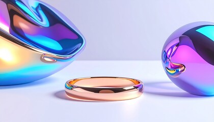 Glossy rose-gold ring centered, flanked by two iridescent orb shapes on a white surface