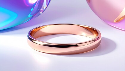 A shiny golden ring lies centered, reflected by iridescent orbs in a soft, bright studio