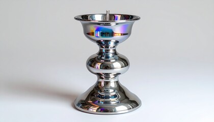 Reflective metal candlestick with three sections, on a white background