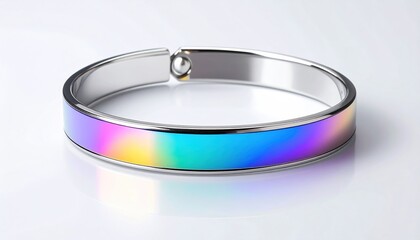 A shiny silver bracelet with a color-shifting band, reflecting light on a white background