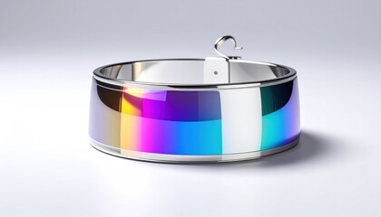 A sleek, futuristic wearable bracelet with a vibrant, iridescent band and silver accents