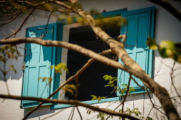 Open Window with Blue Shutters Framed by Tree Branches in Rural Brazil